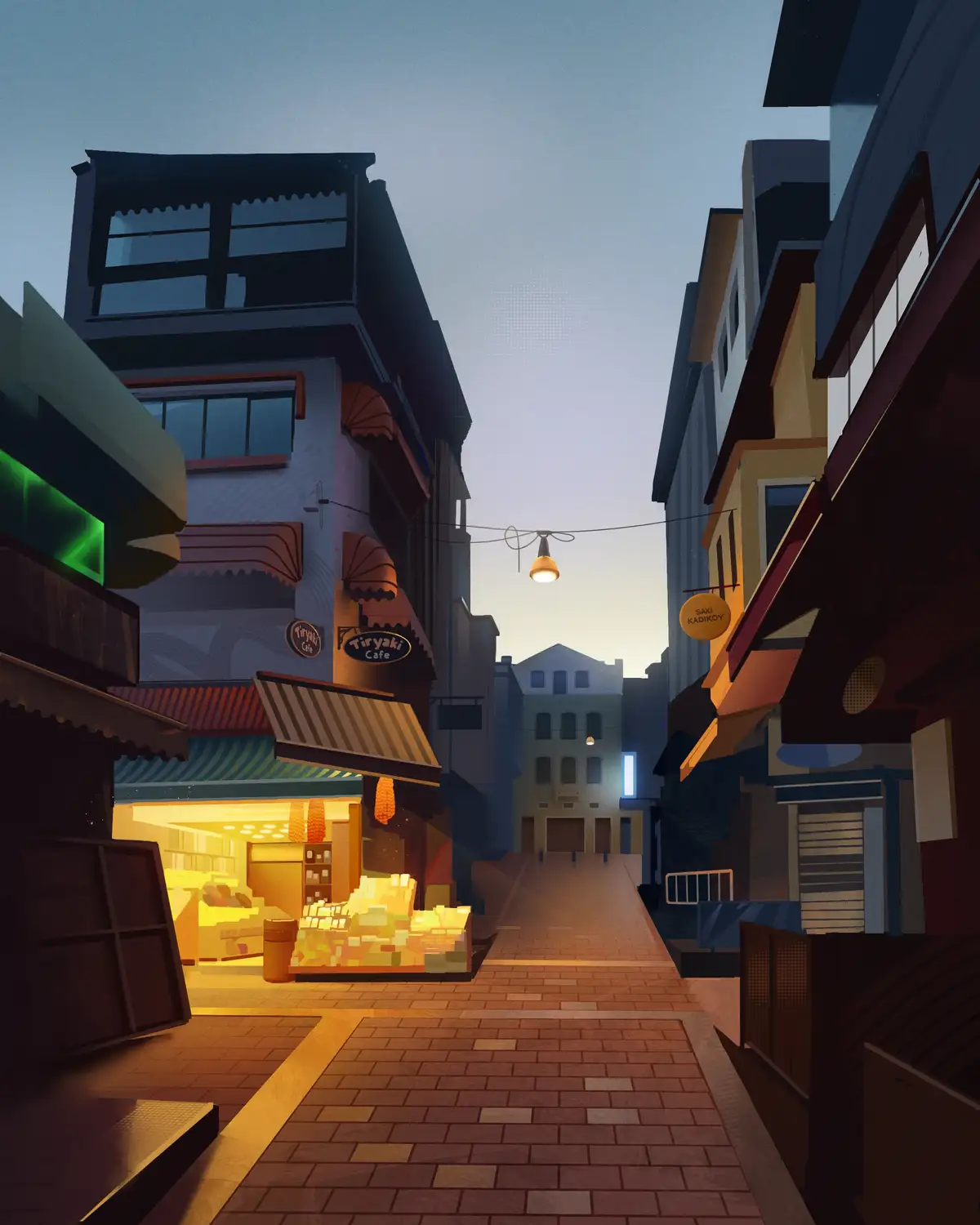 An illustrated narrow alleyway at dusk with warm streetlights and storefronts, including a brightly lit 'Tiryaki Cafe' on…