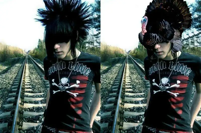 A split image shows a person with a black mohawk and a 'Dead Line' t-shirt standing on train tracks. In the right panel, a…