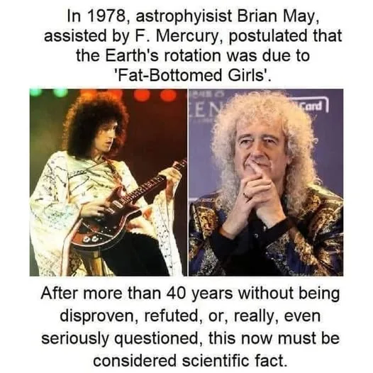The image displays two side-by-side photos of Brian May, the guitarist of Queen. The left photo shows him playing guitar on…