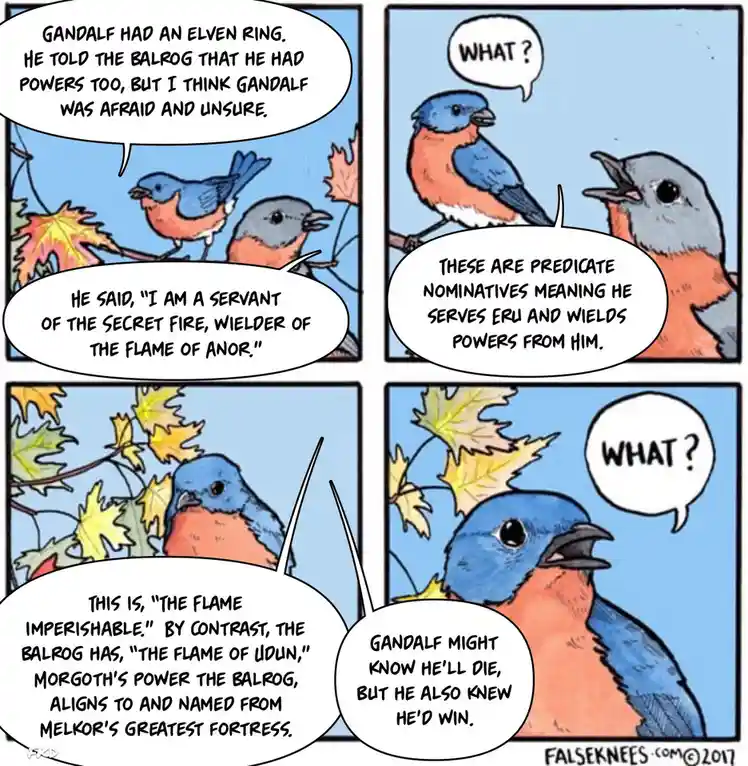 A four-panel comic strip featuring two birds discussing Gandalf's powers and the meaning of his title 'Wielder of the Flame…