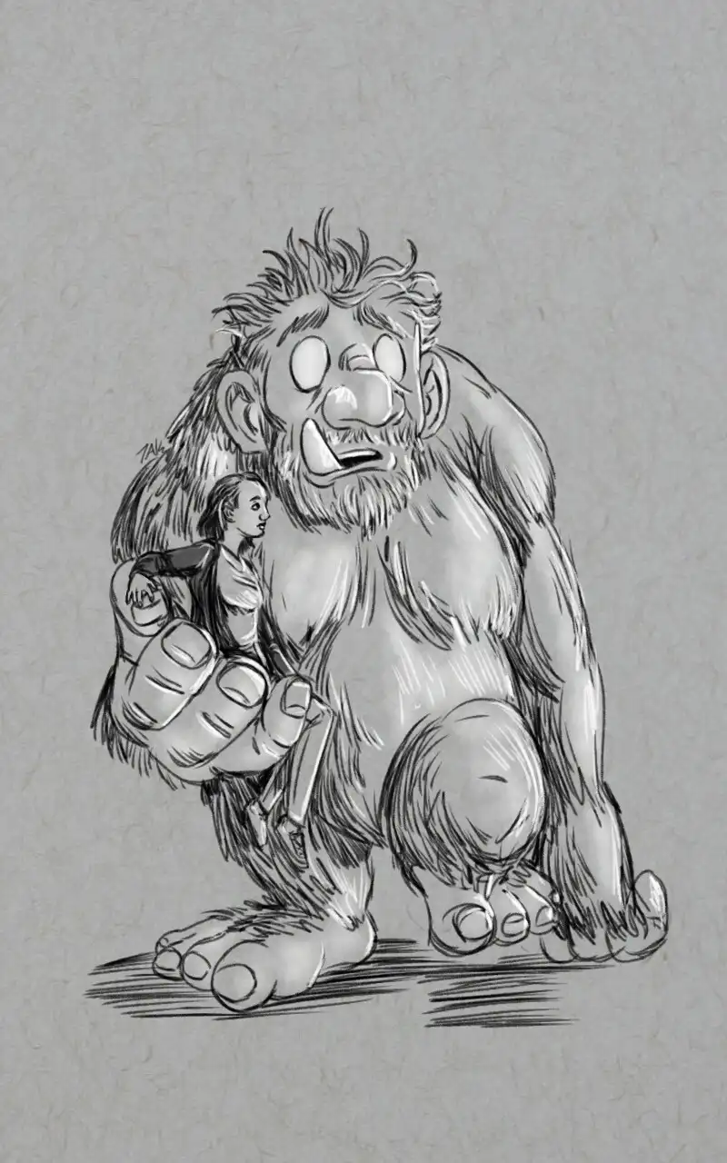 A black-and-white sketch shows a large, hairy, ape-like creature kneeling and holding a tiny human figure in its hand. The…