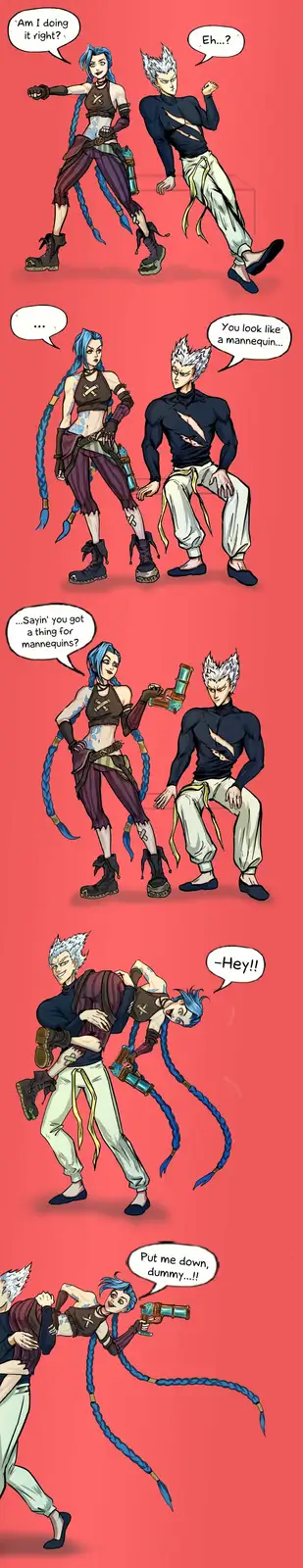 A four-panel comic strip featuring two anime-style characters against a solid red background. The first panel shows a…