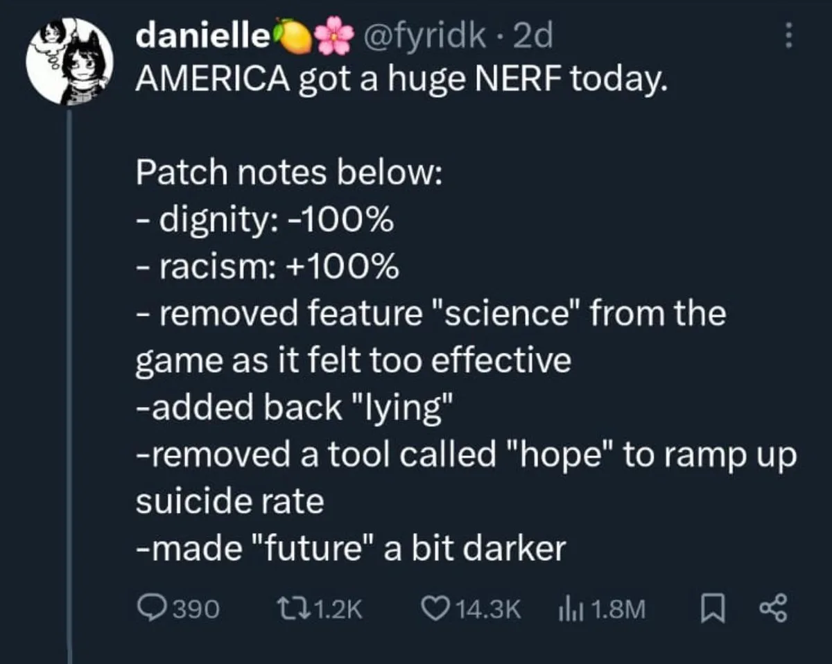 A screenshot of a social media post styled like a video game patch note, humorously listing fictional 'updates' to 'America'…