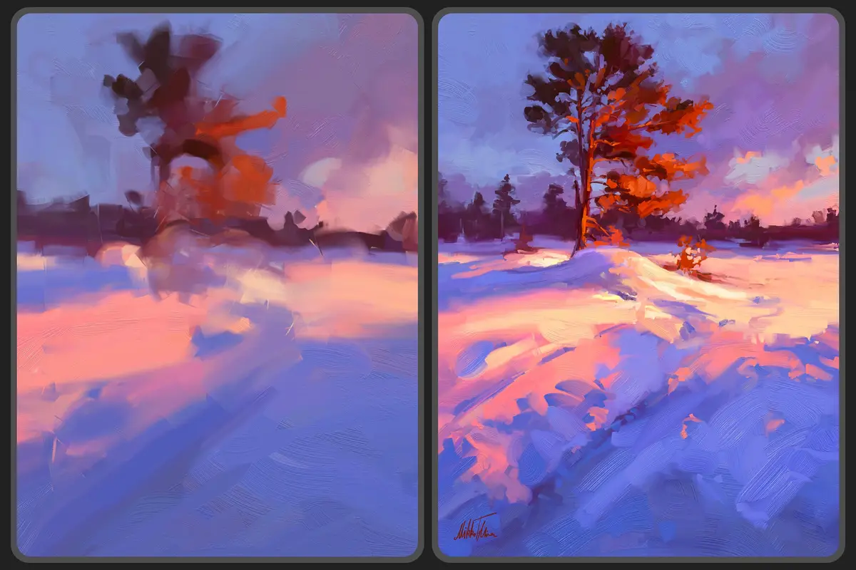 The image displays two side-by-side digital paintings in a painterly style. The left panel is a blurry, abstract depiction…