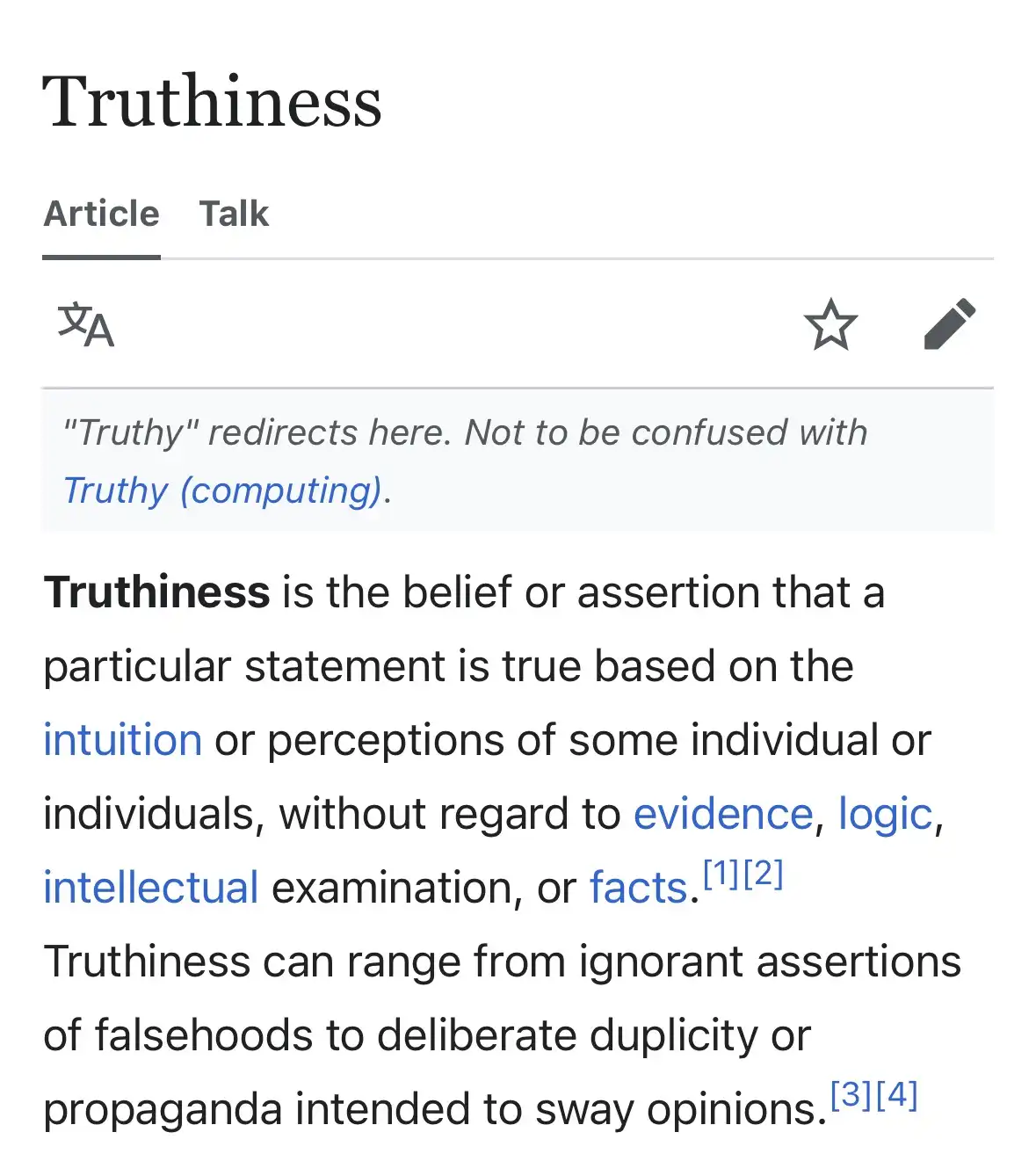 The image displays a Wikipedia article page titled 'Truthiness,' defining it as belief in a statement's truth based on…