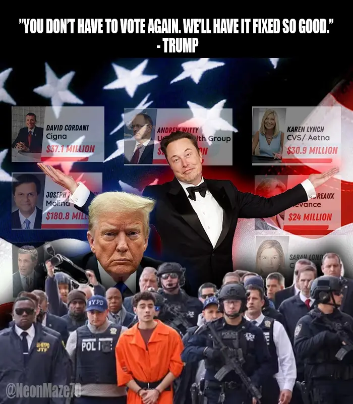 A composite image features Donald Trump in a tuxedo gesturing expansively over a background of American flag stars, with…