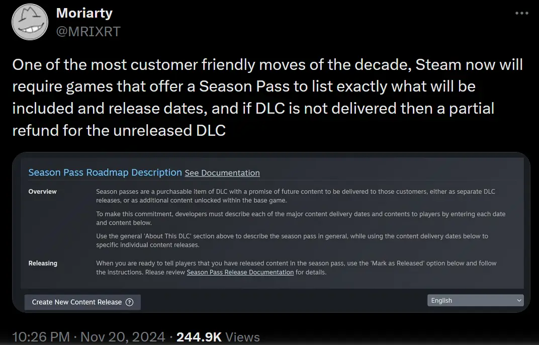 A screenshot of a Twitter post by user @MRIXRT, featuring a dark-themed Steam interface showing 'Season Pass Roadmap…