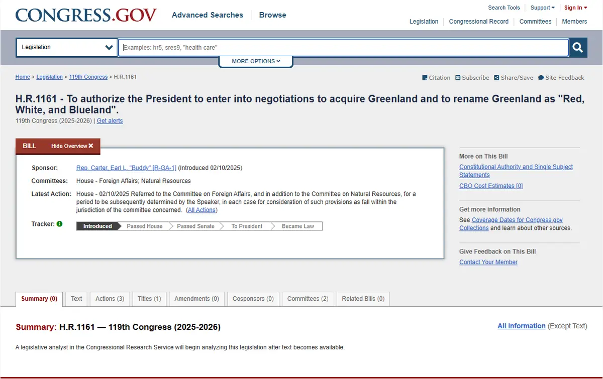 A screenshot of the Congress.gov webpage showing bill H.R.1161, which humorously proposes to authorize the President to…