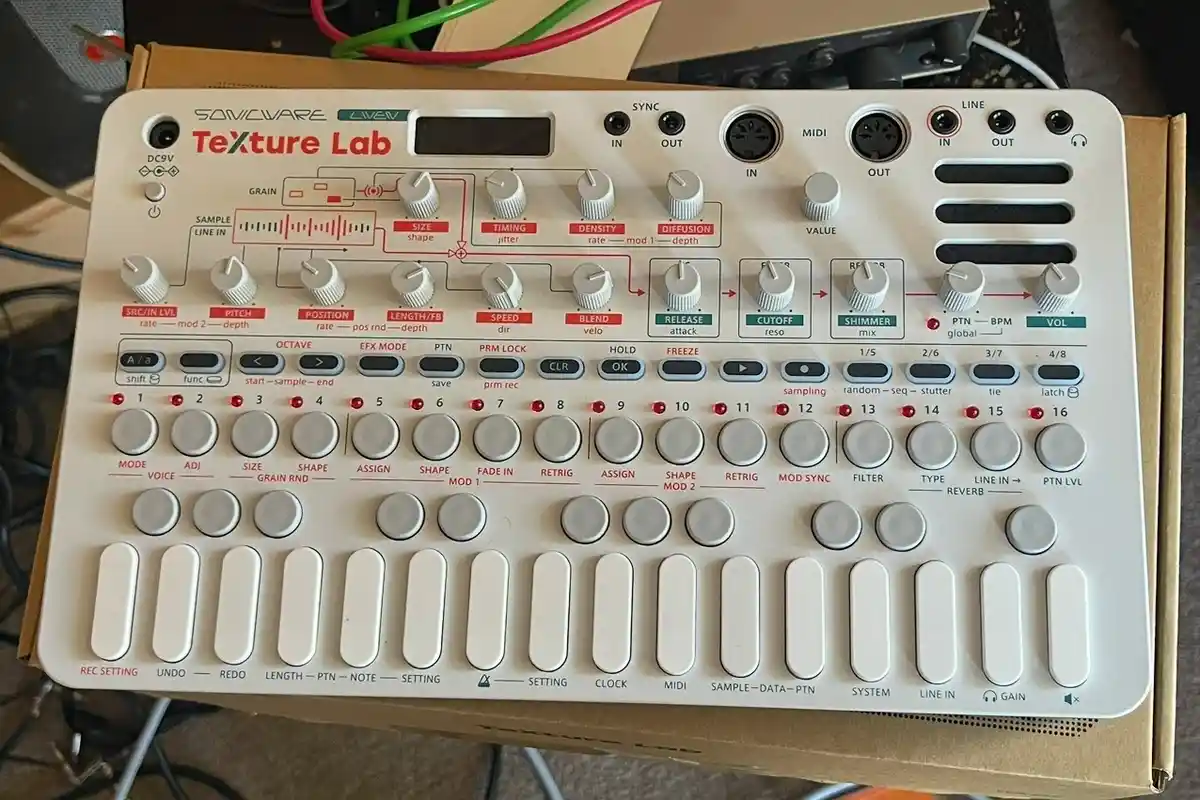A white Sonicware Texture Lab synthesizer with numerous knobs, buttons, and a small screen, sitting on a cardboard box. The…