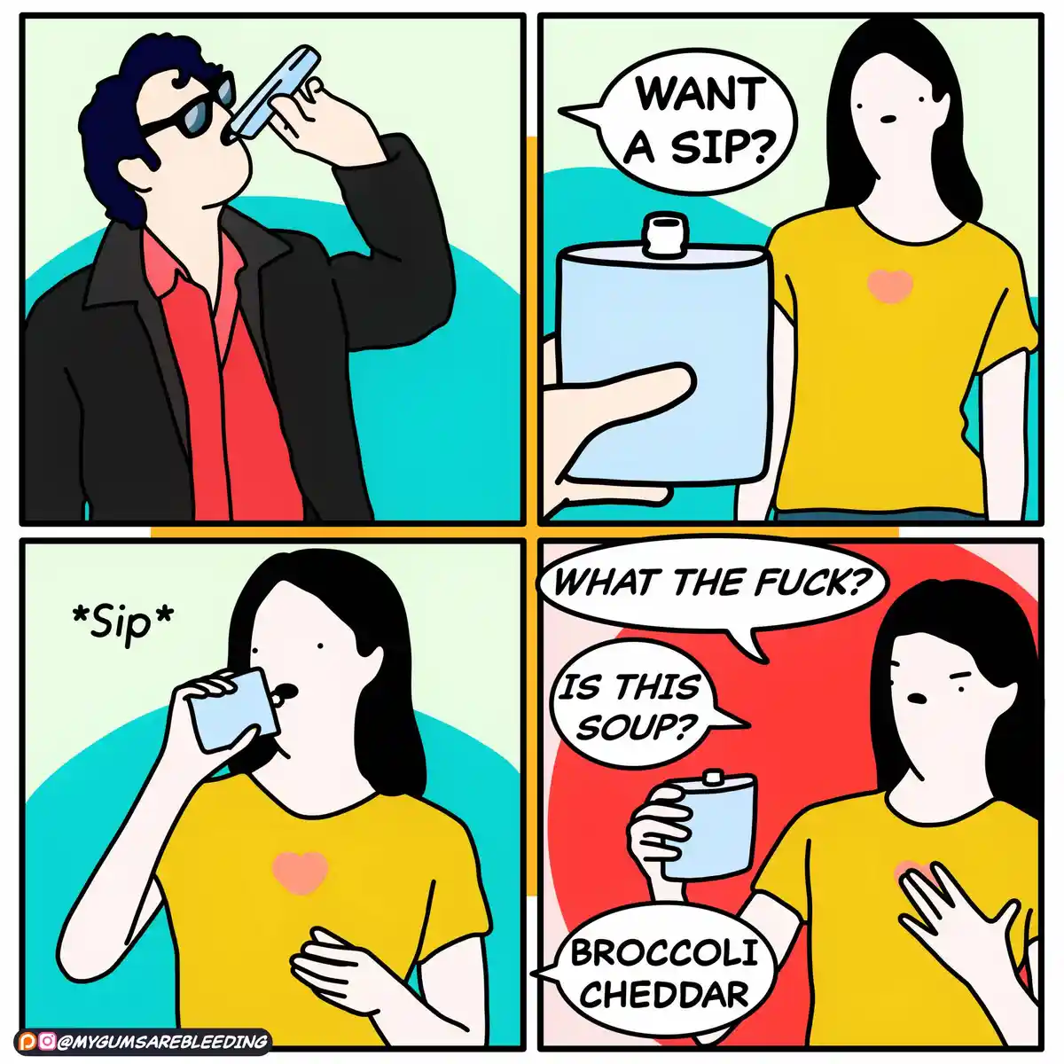 A four-panel comic shows a man drinking from a flask, then a woman offering him a sip from her own flask. She sips, then…