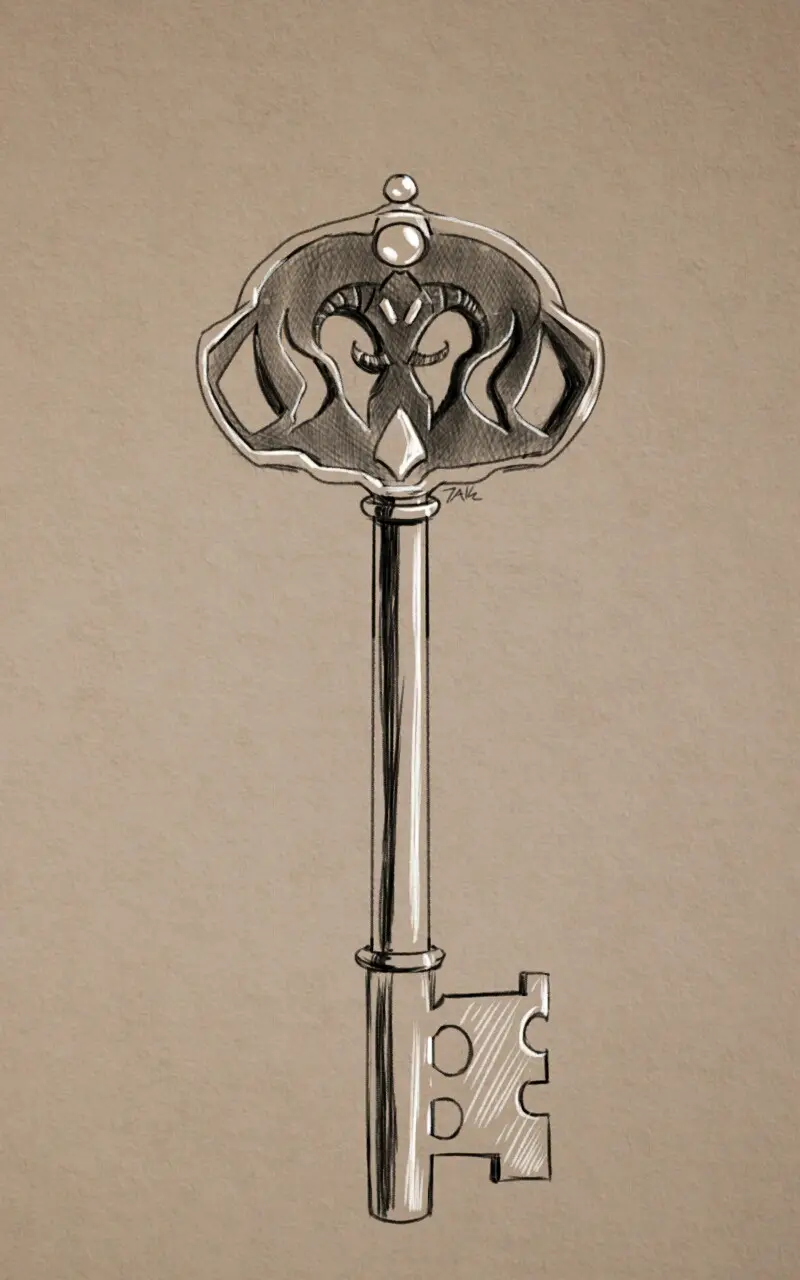 a detailed pencil sketch of an ornate, vintage-style key with a decorative bow featuring a stylized ram's head design, set…