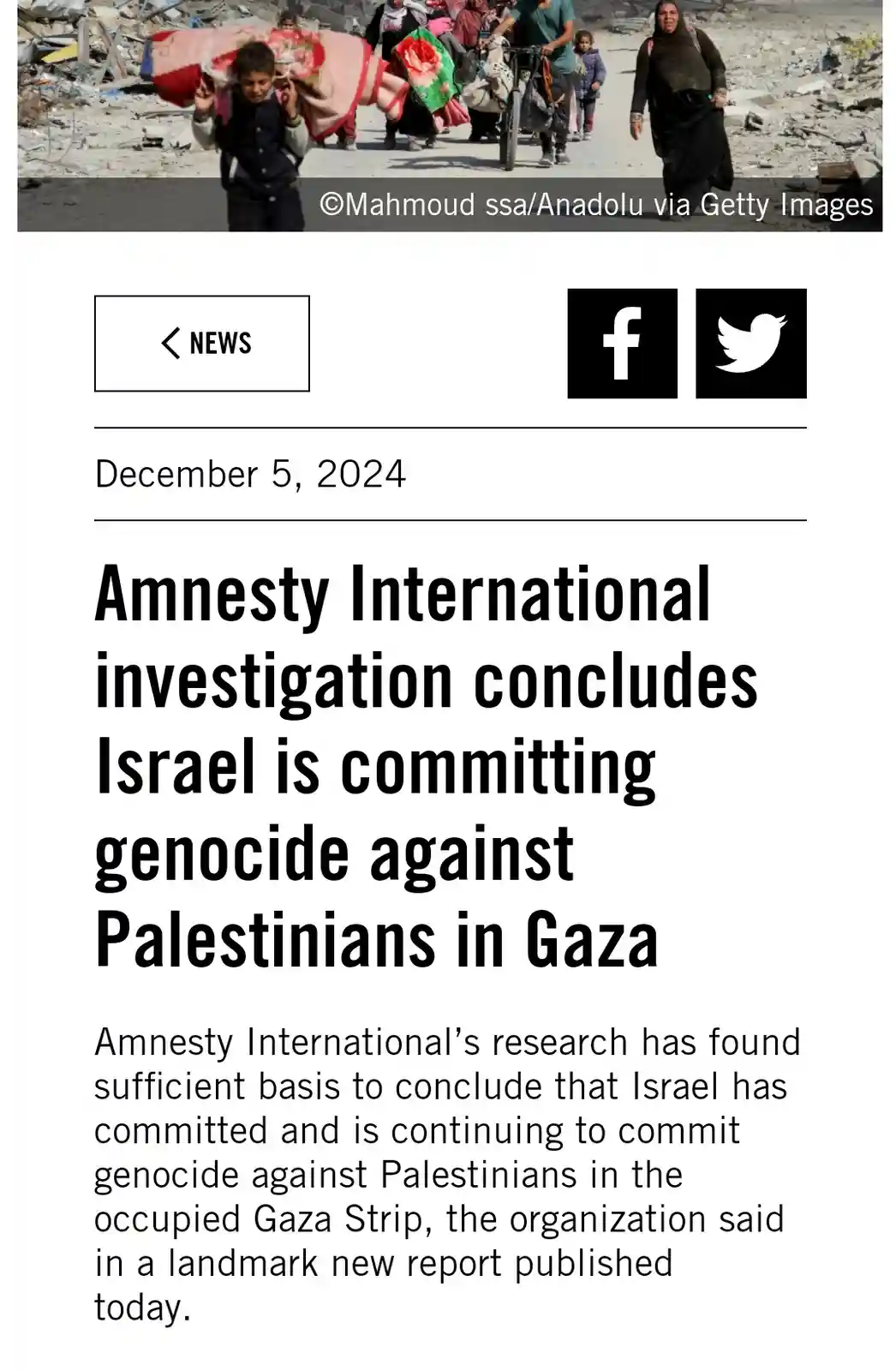 A news article dated December 5, 2024, reports Amnesty International's conclusion that Israel is committing genocide against…