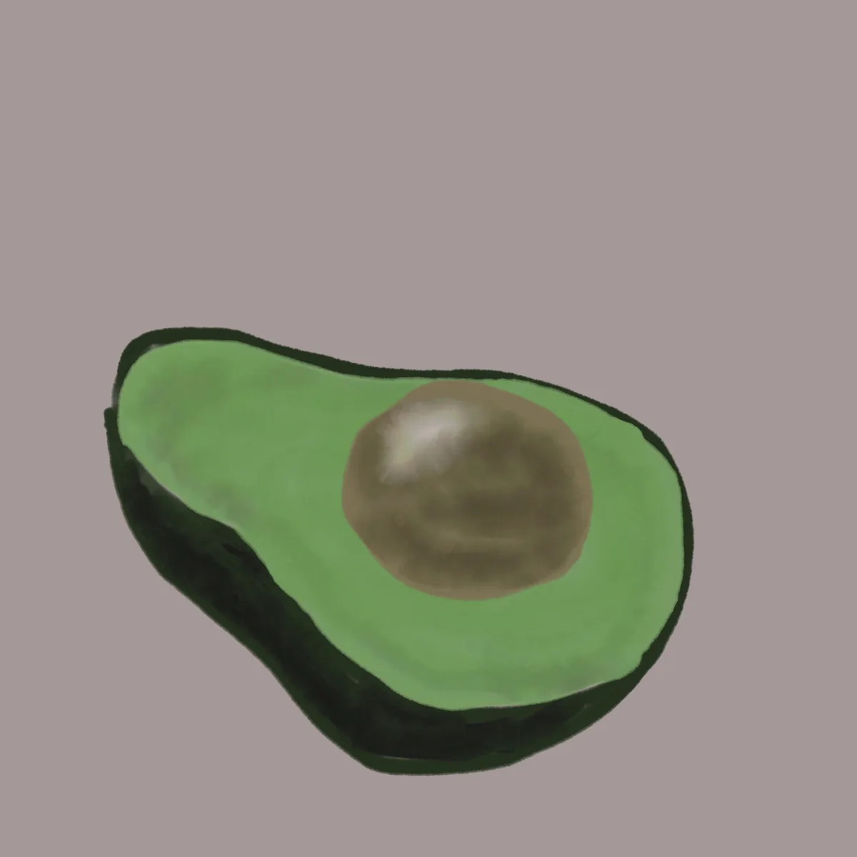 A simple digital illustration shows a single half of an avocado with its pit intact, set against a plain muted gray…