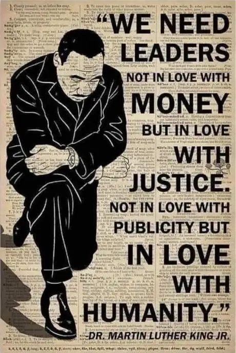 A black-and-white illustration of Dr. Martin Luther King Jr. in a suit, crouching with hands clasped, set against a…