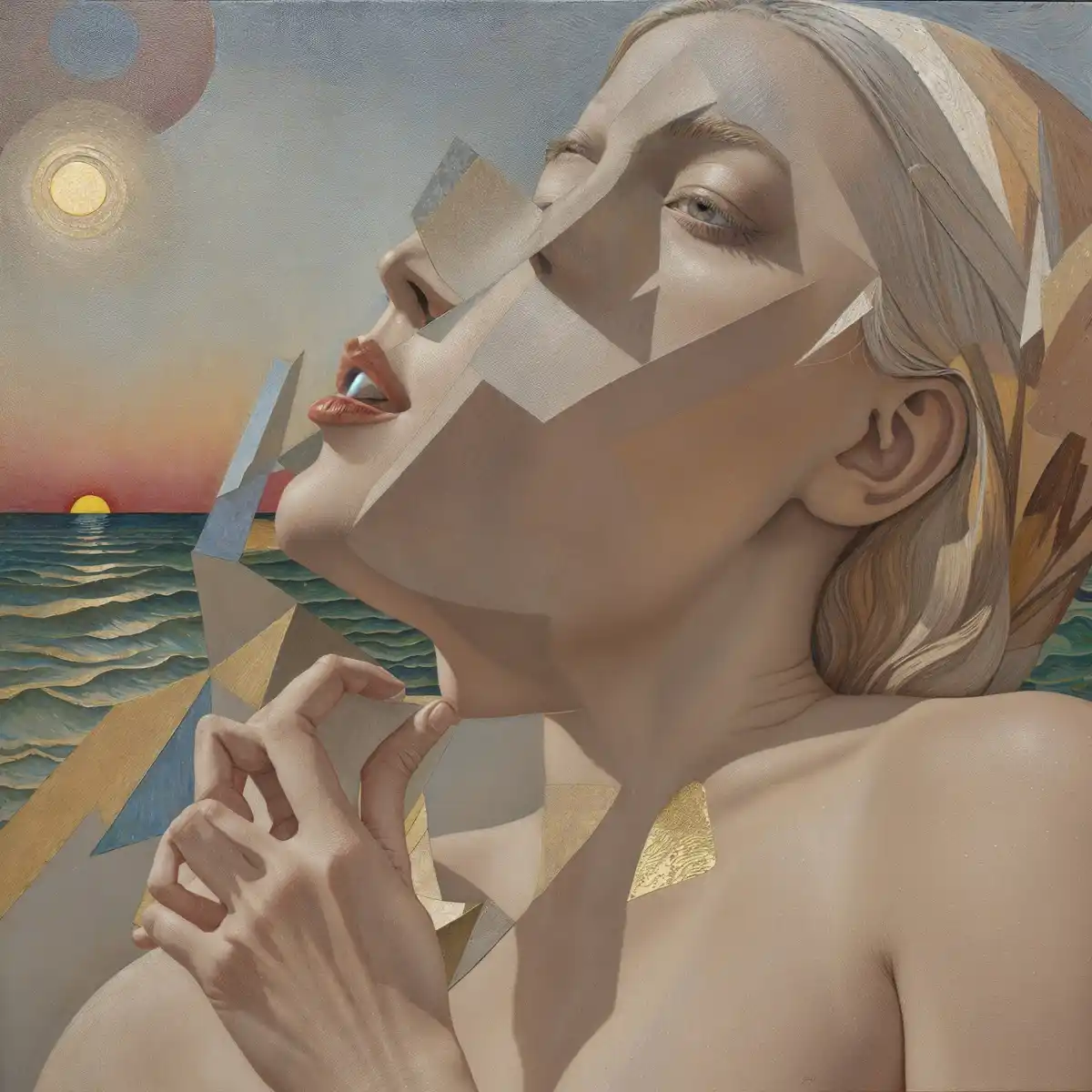 A surreal painting depicts a woman's face and upper body fragmented into geometric, angular shards, with her hand near her…