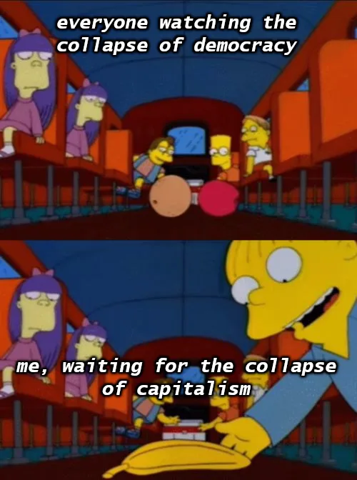 The image is a two-panel meme from The Simpsons. The top panel shows Bart Simpson and other characters on a train, with text…