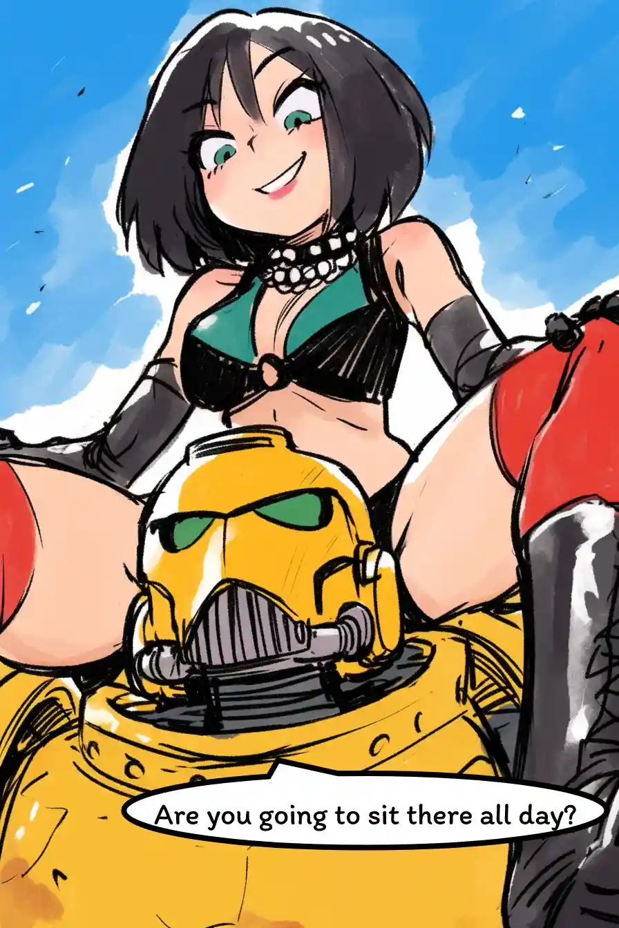 An anime-style illustration shows a smiling woman with short black hair and green eyes, wearing a green and black bikini top…