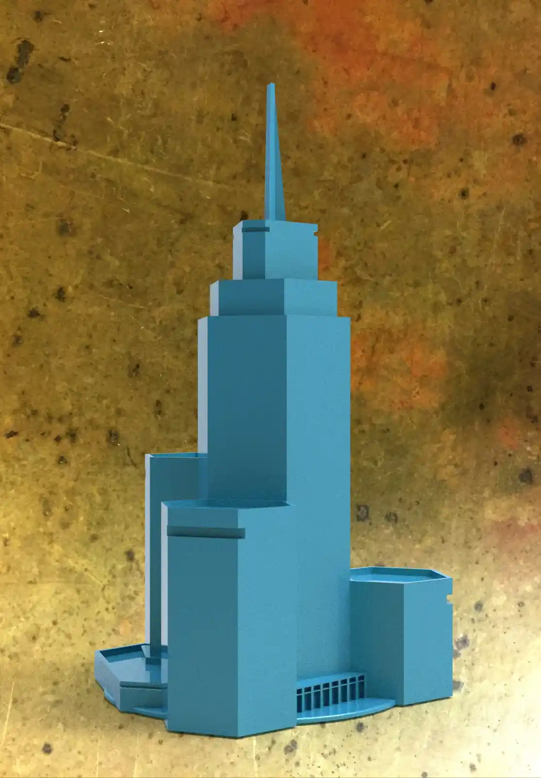 A blue, blocky, stylized model of a skyscraper with a spire sits on a rusty, textured metal surface. The overlaid text reads…