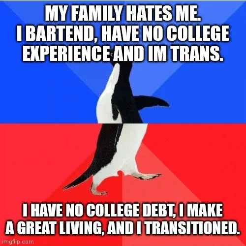 A penguin walks confidently across a red and blue background, with bold white text overlaid in two sections. The top text…