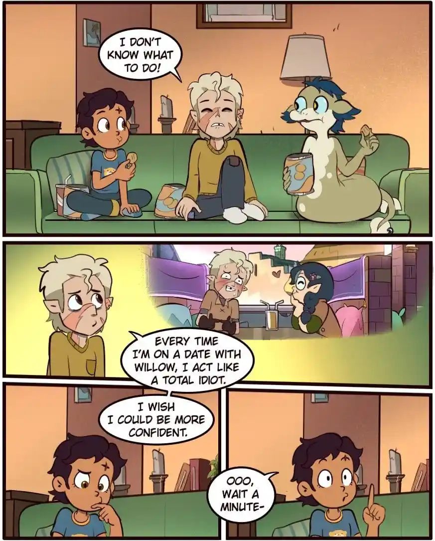 A three-panel comic strip from 'The Owl House' shows three characters on a couch. The first panel shows a boy, a boy with…
