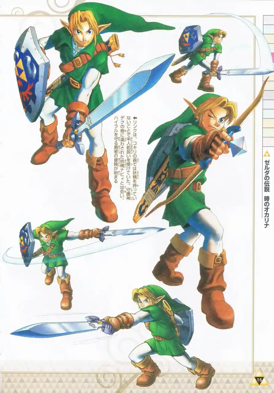 This image displays multiple action poses of the video game character Link from 'The Legend of Zelda: Ocarina of Time'…