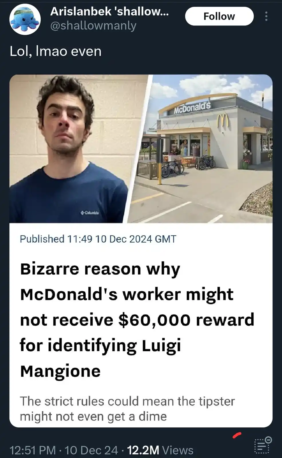 The image is a split-screen showing a man with a deadpan expression on the left and a McDonald's restaurant on the right…