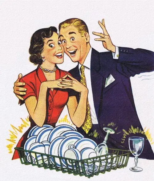 A vintage-style illustration shows a smiling man in a suit and a woman in a red dress standing behind a dish rack…