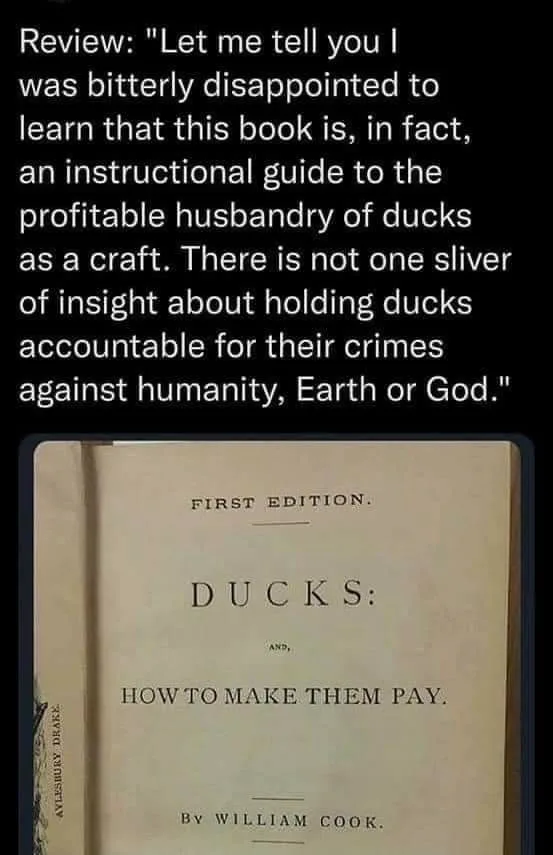 An open book titled 'DUCKS: AND, HOW TO MAKE THEM PAY.' by William Cook, labeled 'FIRST EDITION.' The image is overlaid with…