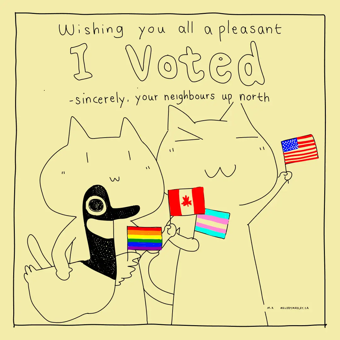 Two cartoon cats hold small flags: one holds a rainbow flag and a Canadian flag, the other holds an American flag. The text…