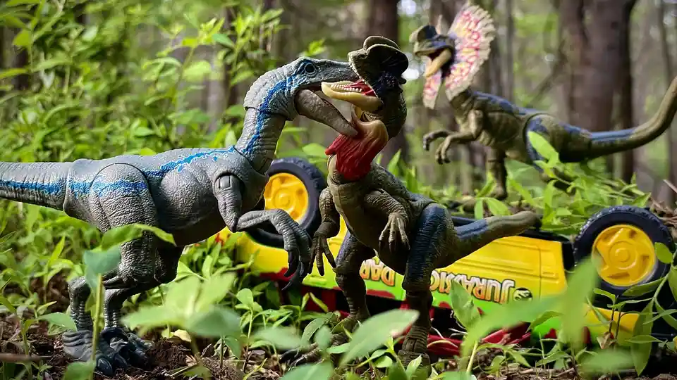 Three plastic dinosaur toys are staged in a forest setting, with one grey dinosaur with blue stripes biting the neck of a…