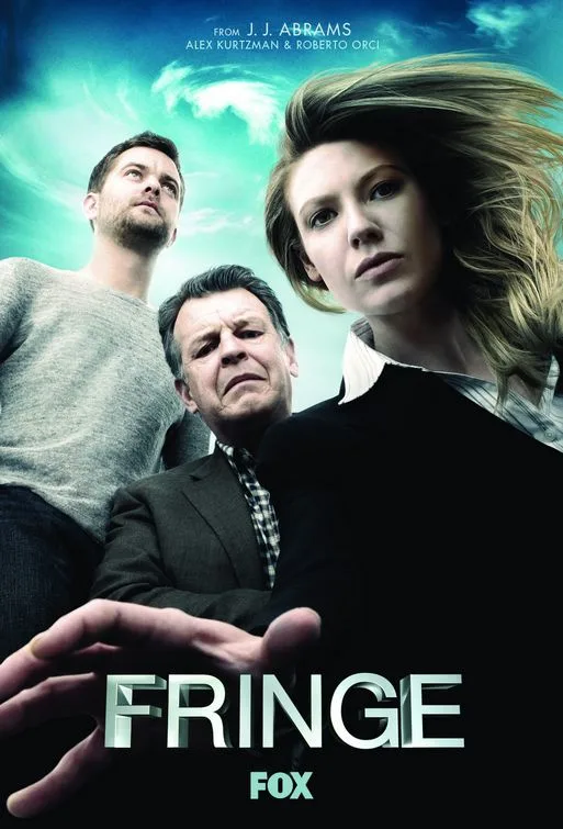 A promotional poster for the TV show 'Fringe' featuring three main characters against a swirling green and blue background…