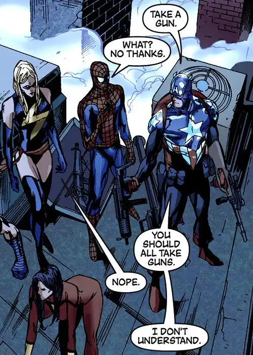 A comic book panel shows three superheroes—Captain America, Spider-Man, and Ms. Marvel—standing on a rooftop with rifles…
