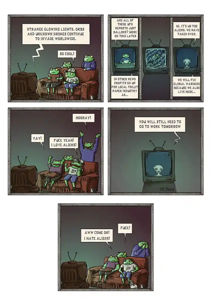 A comic strip featuring green frog-like aliens watching a news broadcast on old TVs. Initially excited by UFO reports, they…