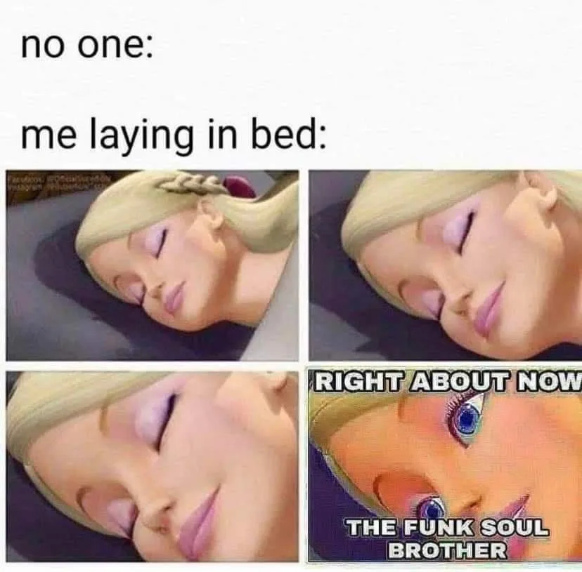 The image is a four-panel meme featuring a doll with blonde hair and closed eyes appearing to be asleep in bed. The top-left…