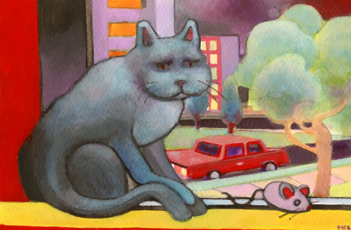 A watercolor painting shows a large, blue-gray cat sitting on a windowsill, looking bored or tired, with a small pink mouse…