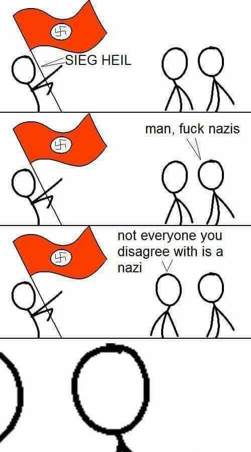 A three-panel comic strip featuring stick figures. In the first panel, a stick figure salutes while holding a red flag with…