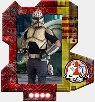 A clone trooper from Star Wars stands in a military pose inside a red and yellow framed graphic. The frame has a distressed…