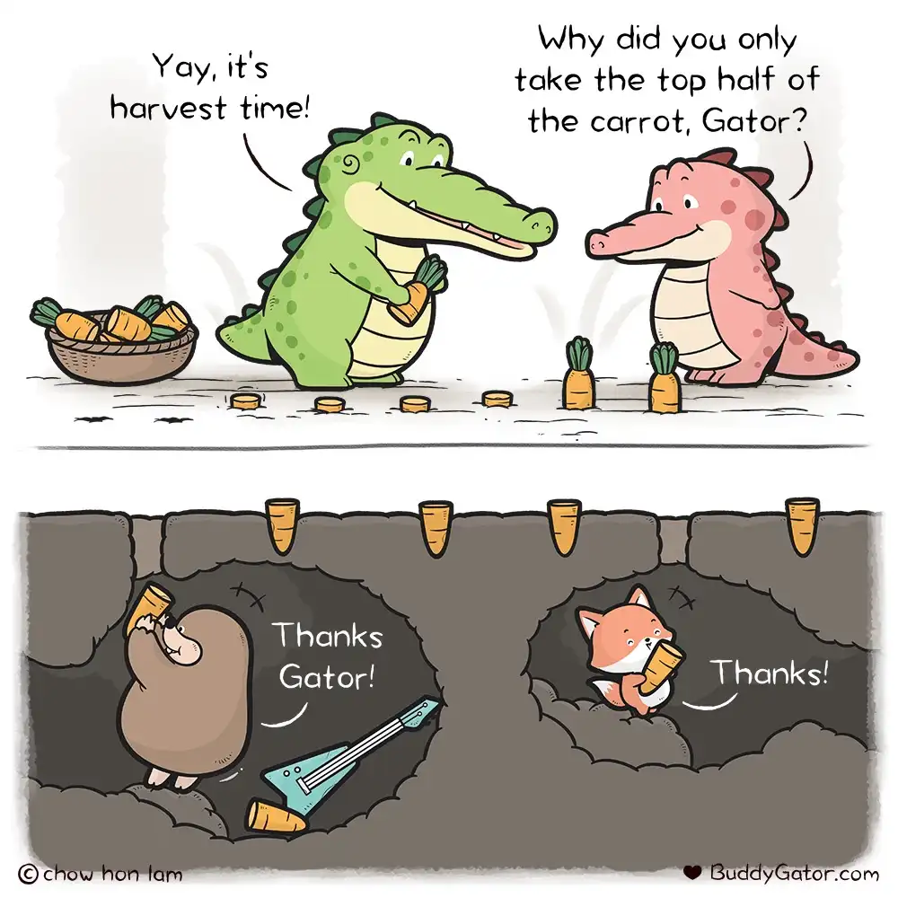 A two-panel cartoon shows a green alligator holding a carrot and exclaiming 'Yay, it's harvest time!' while a pink alligator…
