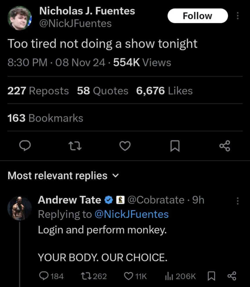A screenshot of a Twitter post by Nicholas J. Fuentes stating he's too tired to do a show. Below it, a reply from Andrew…