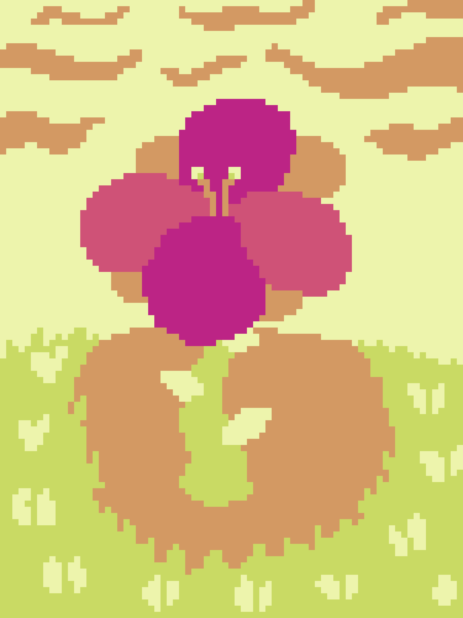 A low-resolution pixel art image depicts a stylized flower with magenta petals, a green stem, and brownish leaves against a…