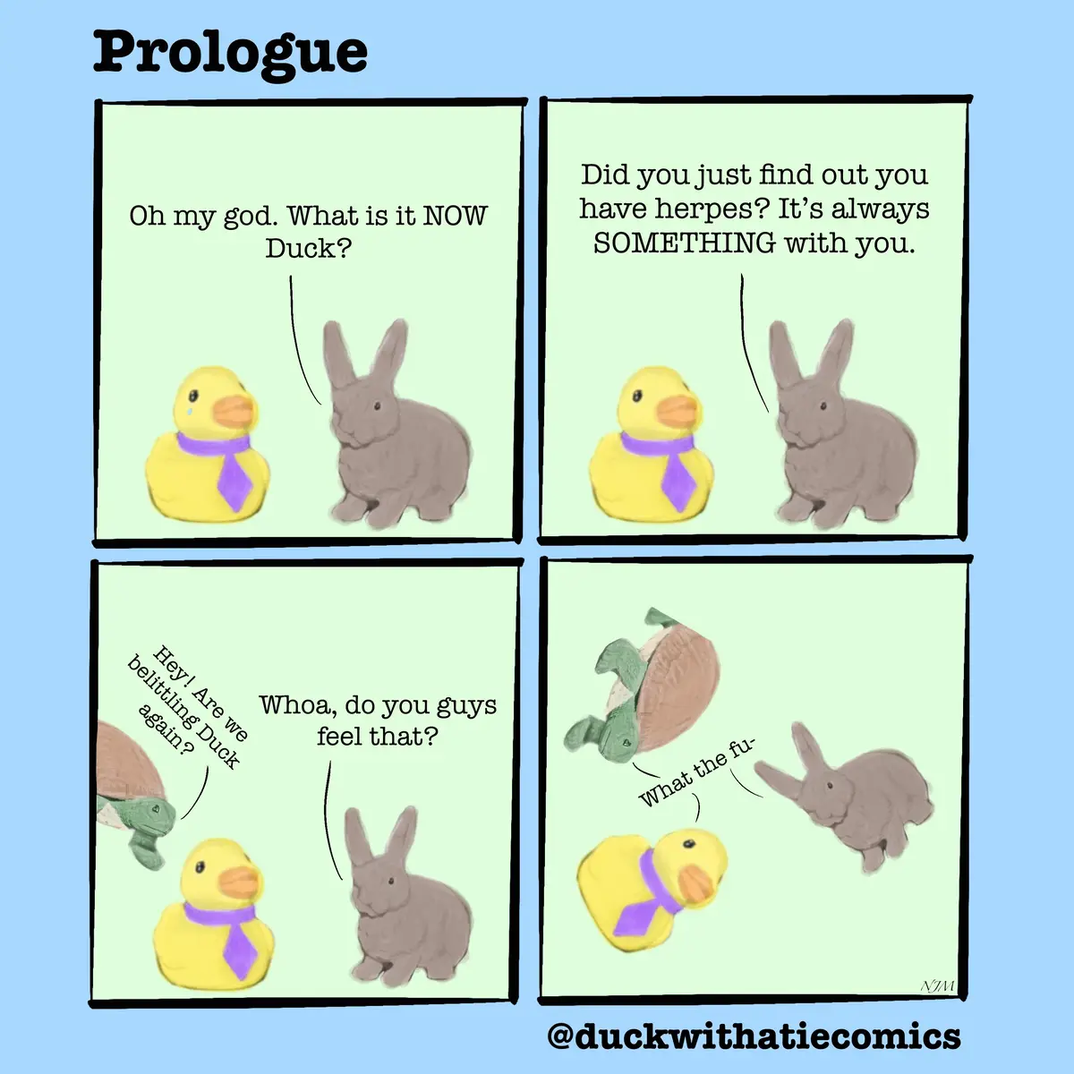 A four-panel comic titled 'Prologue' shows a yellow rubber duck with a purple tie and a brown rabbit. The duck is repeatedly…