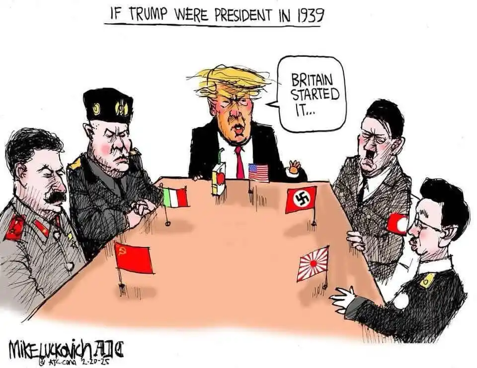 A political cartoon depicts a meeting of historical figures including Adolf Hitler, Joseph Stalin, Benito Mussolini, and…