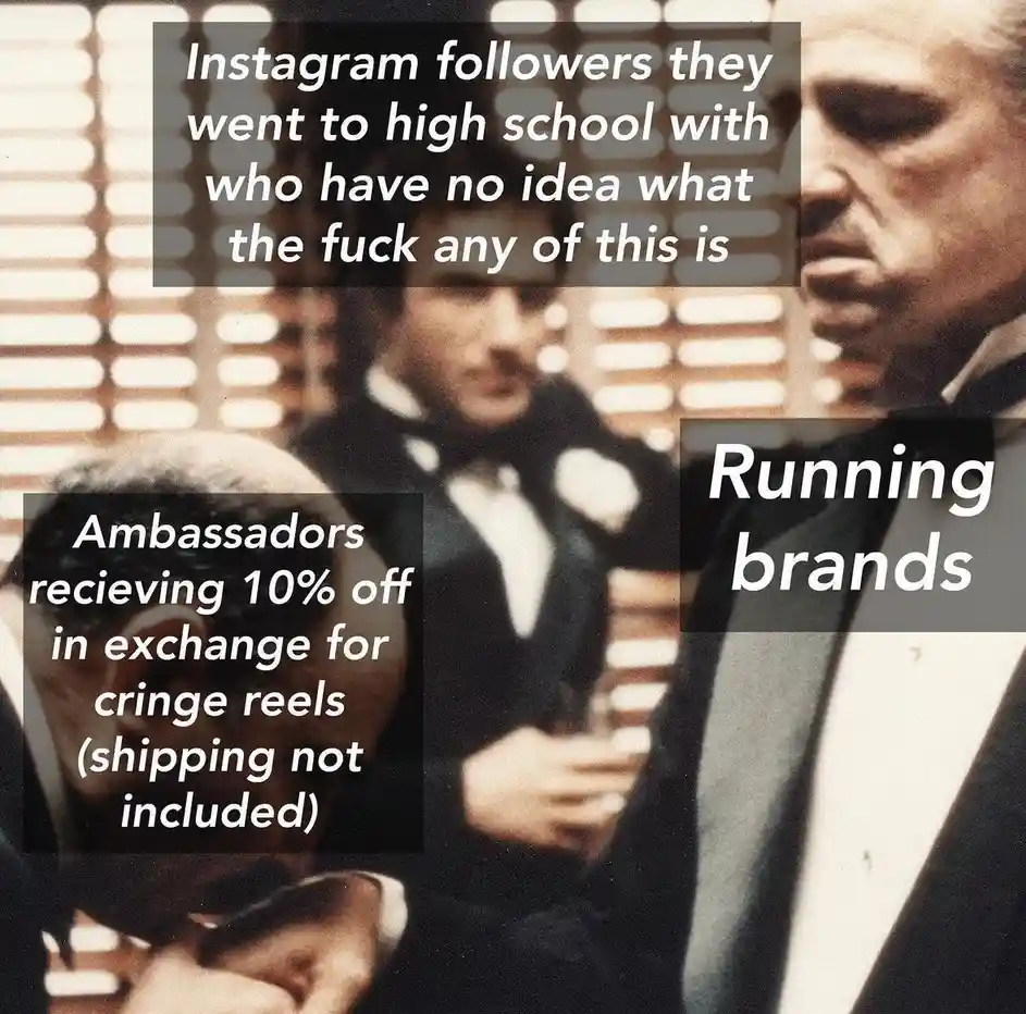 The image shows three men in tuxedos from a scene in The Godfather, with text boxes overlaid. One box says 'Instagram…