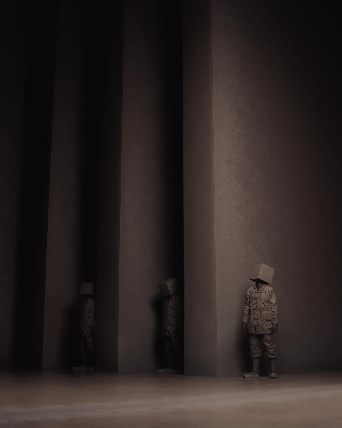 Three figures in muted, textured clothing stand in a dimly lit space with tall, shadowed pillars. Each figure has a plain…