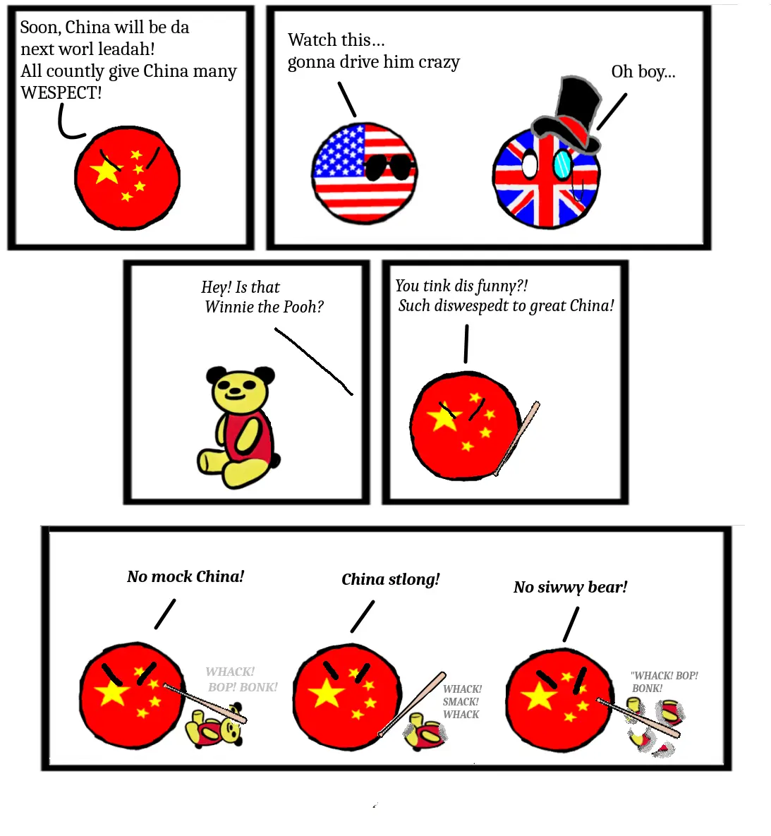 A five-panel comic strip featuring anthropomorphic country balls. The first panel shows a Chinese ball declaring China will…