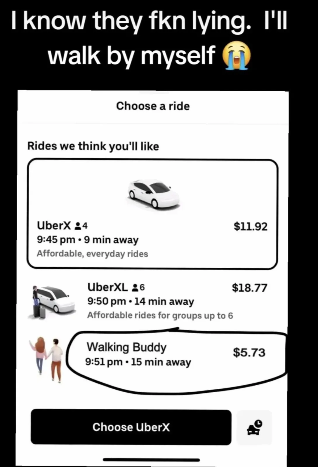 A screenshot of an Uber app interface showing ride options including UberX, UberXL, and a 'Walking Buddy' option priced at…