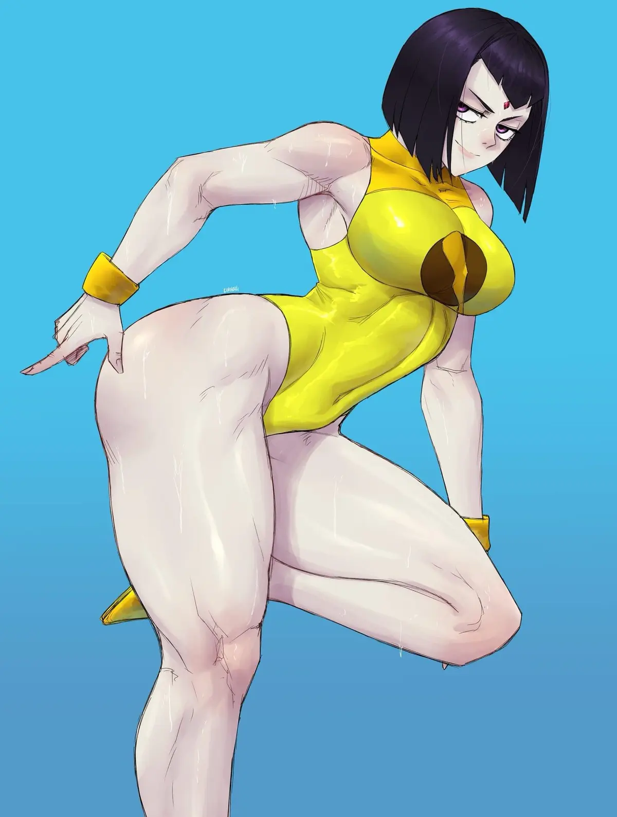 An anime-style illustration of a muscular woman with short black hair and purple eyes, wearing a shiny yellow bodysuit with…
