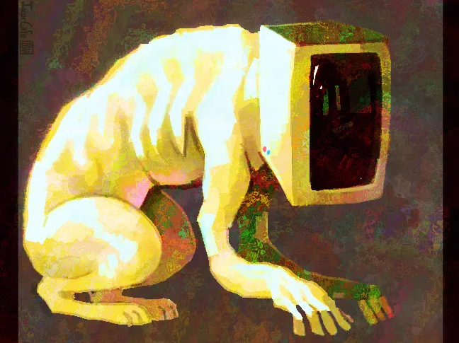 A digitally altered image shows a humanoid figure with a vintage CRT computer monitor for a head, crouching and appearing…