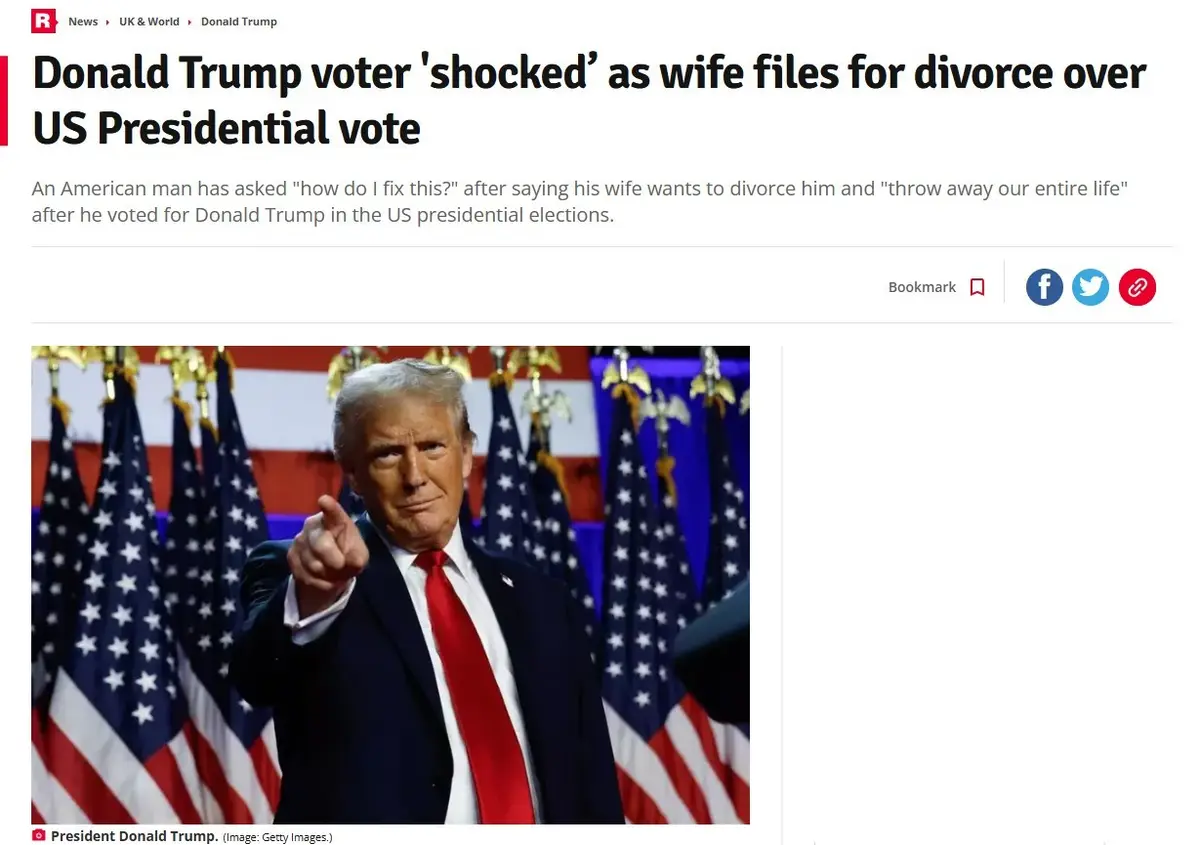 A screenshot of a news article with a headline about a man shocked his wife wants a divorce after voting for Donald Trump…