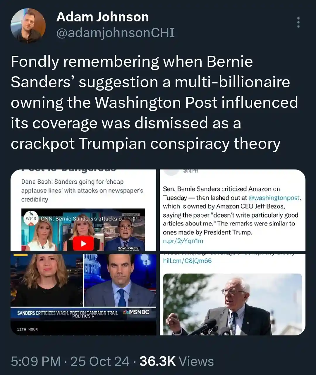A screenshot of a tweet by Adam Johnson showing four news snippets: one with Dana Bash on CNN, one from NPR about Bernie…